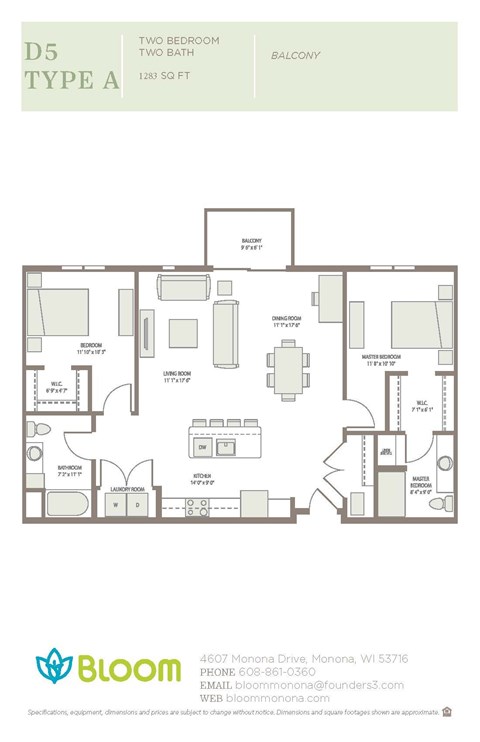 Floor plan for 2 beds, 2 baths, 1283 sqft